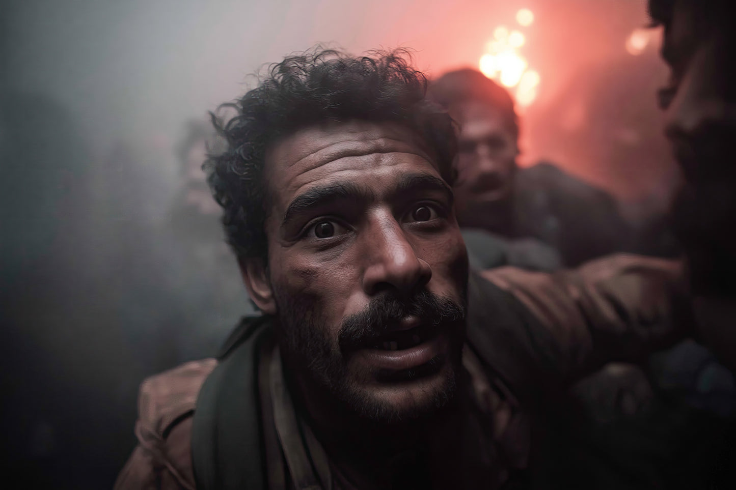 regard d’un fellaga au milieu du chaos et des flammes