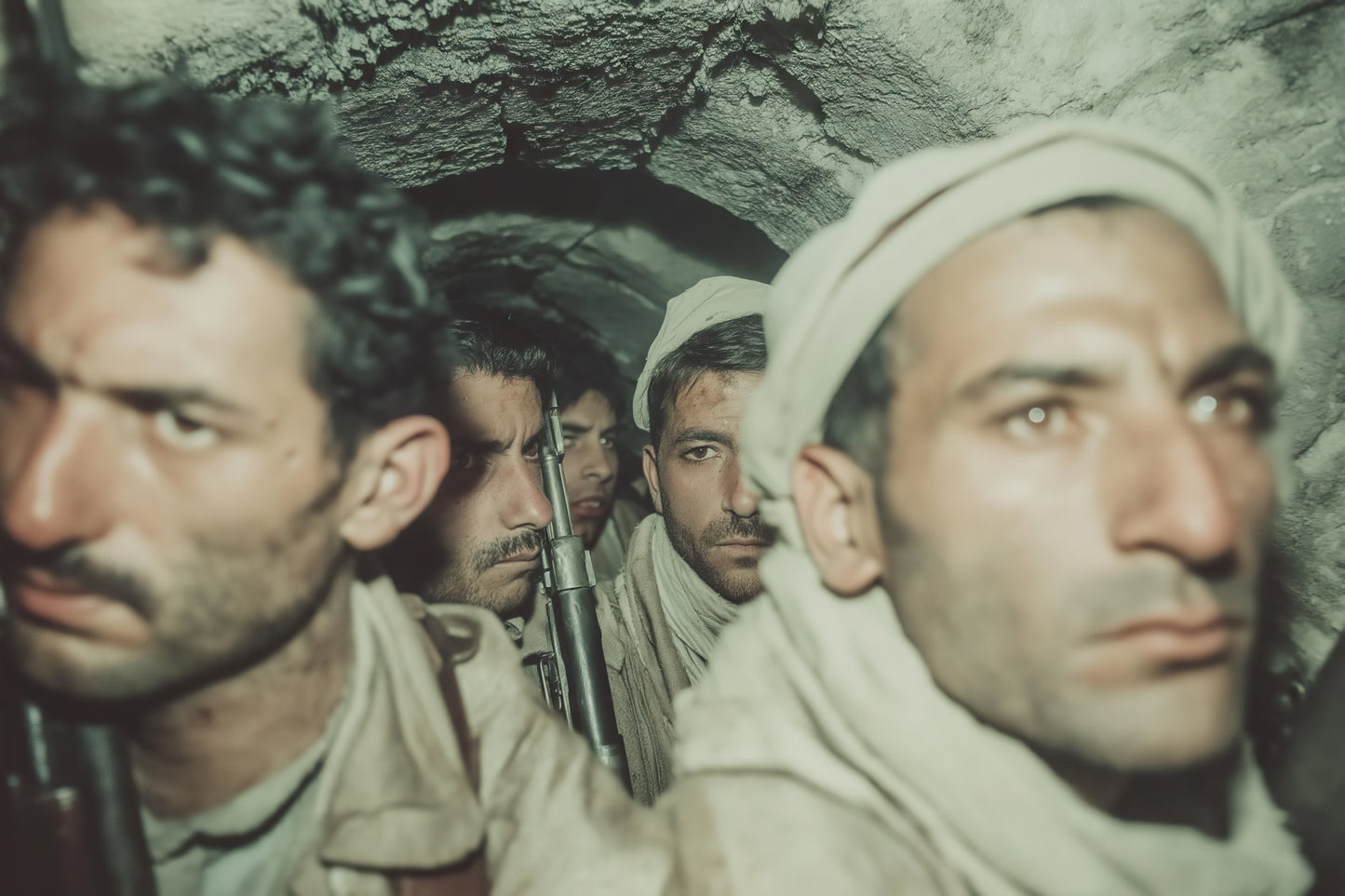 fellagas serrés dans un tunnel de roche, regards droits