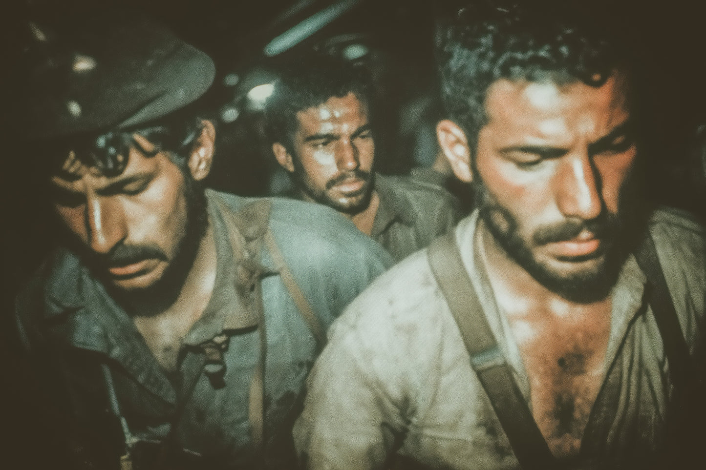 fellagas exténués dans la pénombre, visages fermés
