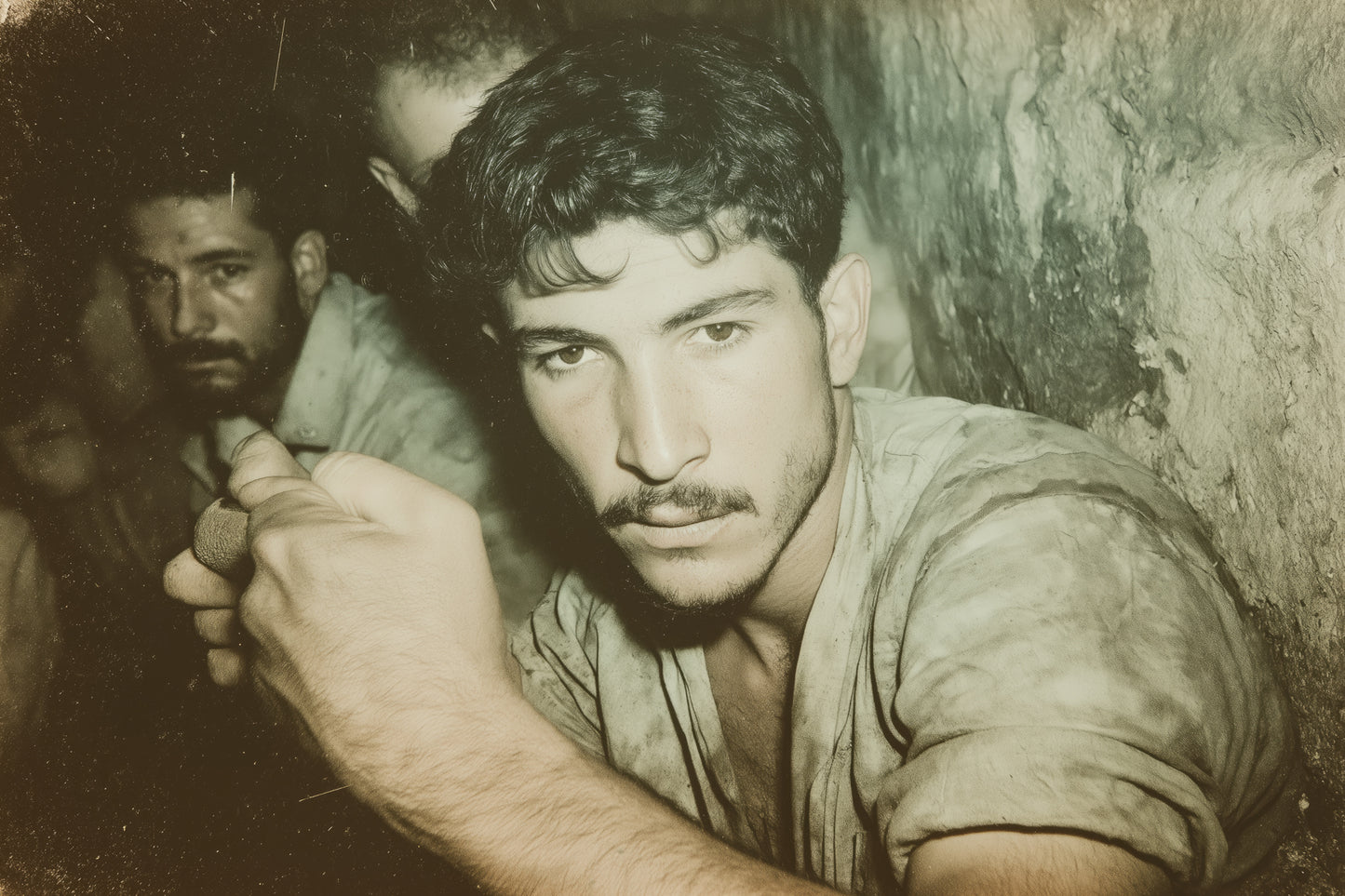 fellaga jeune, poing serré, regard fixe dans l’ombre