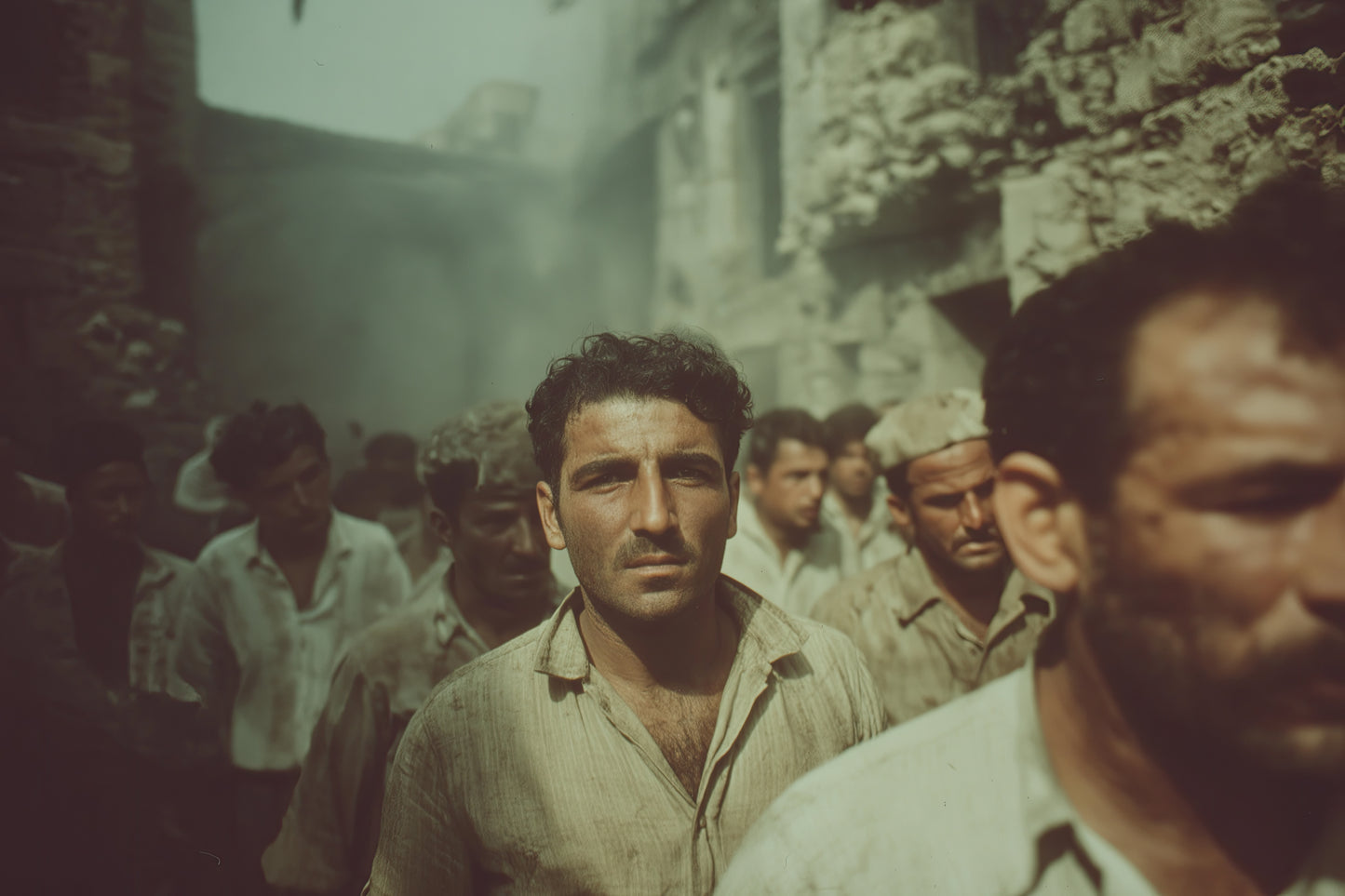foule silencieuse, regard fixe au centre des ruines